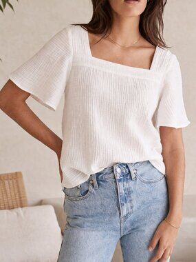 Madewell Lightspun Harlow Square Neck Top White Cotton Size S